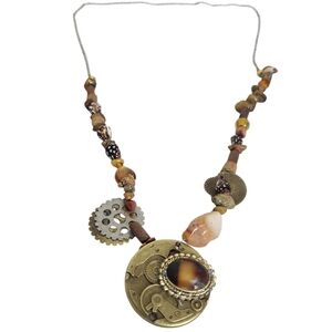 Nassa Columbella Tigers Eye Shell Wood Foil Heart Steampunk Necklace